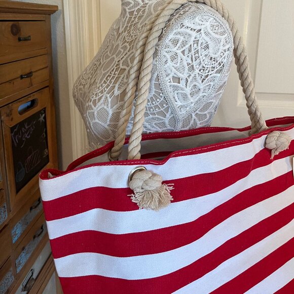 Striped Tote Bag - Beachy - Boat Day - Red/White - Rope Handles - XL- NWT - Picture 3 of 7